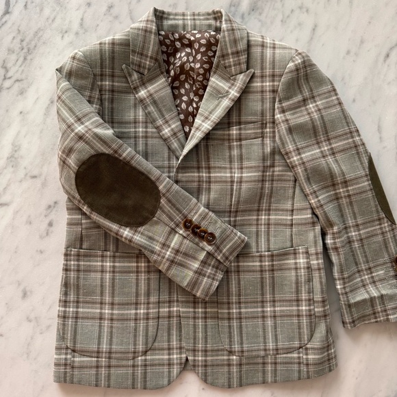 Isaac Mizrahi NewYork Boys 4 Checked Blazer Olive Brown Oxford Plaid Linen Elbow - Picture 4 of 12